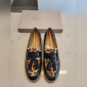 Franco Sarto Loafers, size 7.5, black with leopard print calf hair